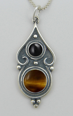 Sterling Silver Romantic Necklace Tiger Eye And Black Onyx